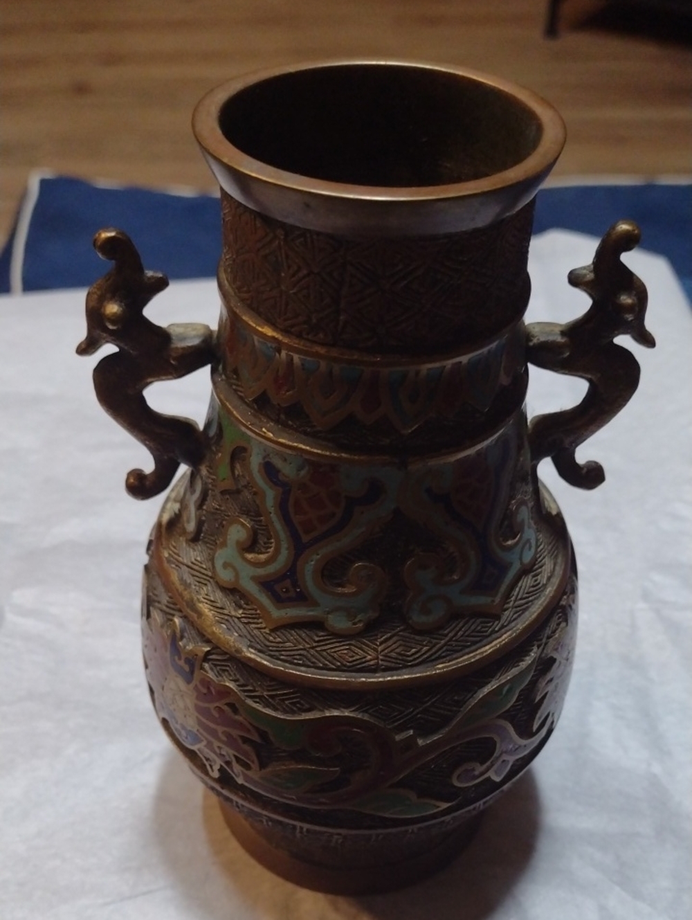 Ornate Multicolor Cloisonné Brass Accent Vase